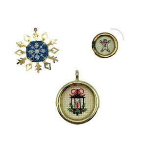 Vintage Gold Tone Framed Cross Stitch Christmas Ornaments Handmade Lot 3 Retro